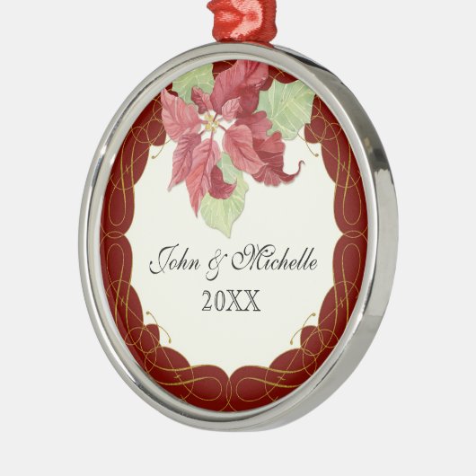 カップルのクリスマス一緒にポインセチアをパーソナライズ メタルオーナメント (左)