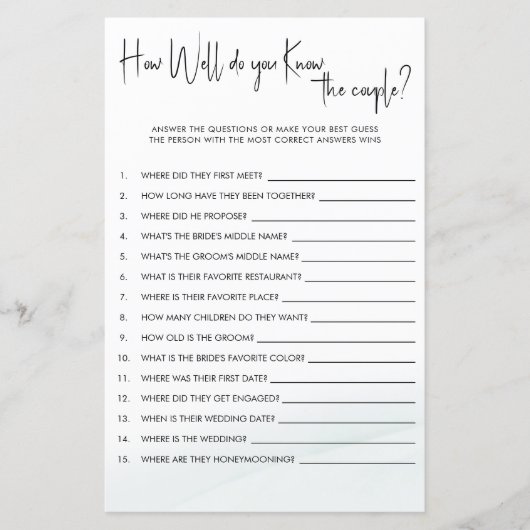 カップルのシャワーのクイズゲームをどれだけ知っているか (正面)