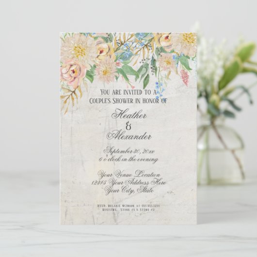 カップルのシャワーのモダンな水彩画の花柄の大理石 招待状 (スタンド正面)