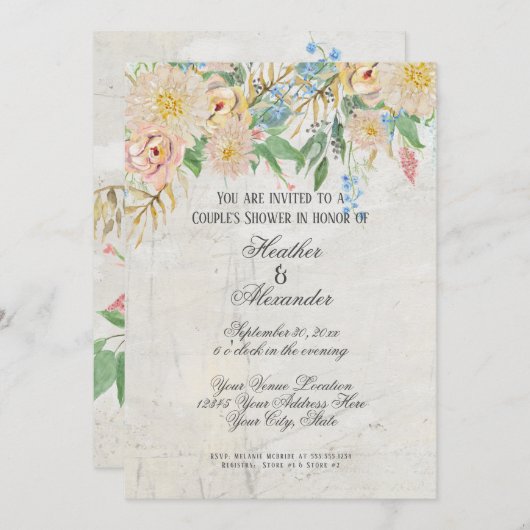 カップルのシャワーのモダンな水彩画の花柄の大理石 招待状 (正面/裏面)