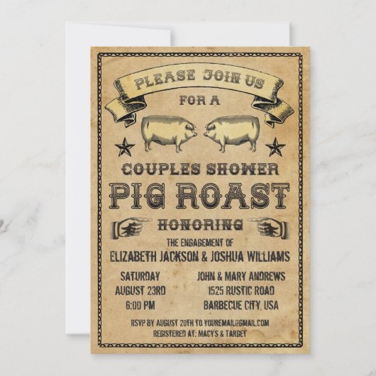 カップルのシャワーのヴィンテージのブタのローストの招待状 招待状