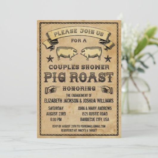 カップルのシャワーのヴィンテージのブタのローストの招待状 招待状 (スタンド正面)