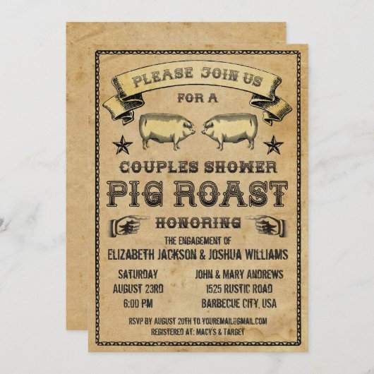 カップルのシャワーのヴィンテージのブタのローストの招待状 招待状 (正面/裏面)