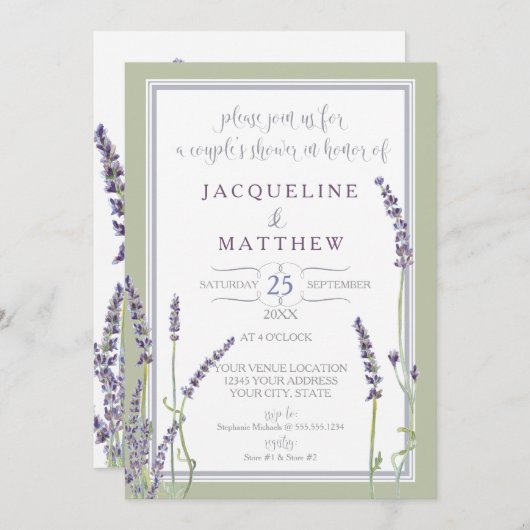カップルのシャワーの水彩画のラベンダーによっては原稿が開花します 招待状 (正面/裏面)