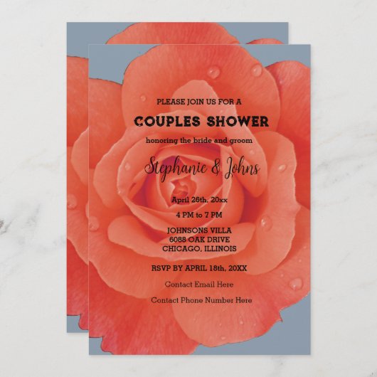 カップルのシャワーオレンジフローラダスティブルー結婚ズ 招待状 (正面/裏面)