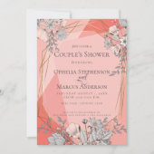 カップルのシャワーサンゴフローラ幾何学的金ゴールドフレーム 招待状 (正面)