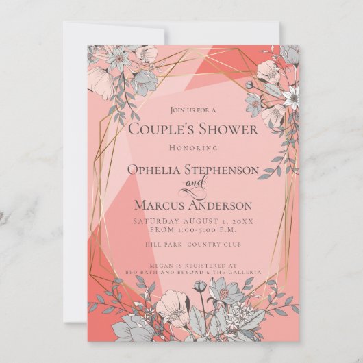 カップルのシャワーサンゴフローラ幾何学的金ゴールドフレーム 招待状 (正面)