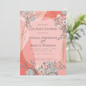 カップルのシャワーサンゴフローラ幾何学的金ゴールドフレーム 招待状 (スタンド正面)