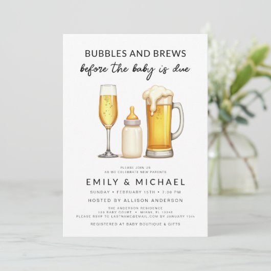 カップルのシャワーバブルとベビーが期限の前にブリュウ 招待状 (スタンド正面)