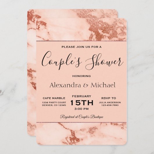 カップルのシャワーバラ金ゴールド大理石招待状 招待状 (正面/裏面)