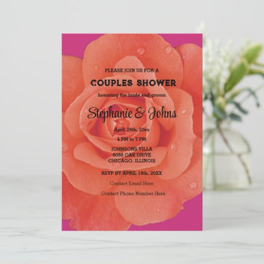 カップルのシャワーピンクのオレンジカラフル色のフローラ結婚 招待状 (スタンド正面)