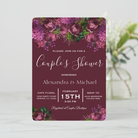 カップルのシャワーフローラマルサラブルゴーニュ招待状 招待状 (スタンド正面)