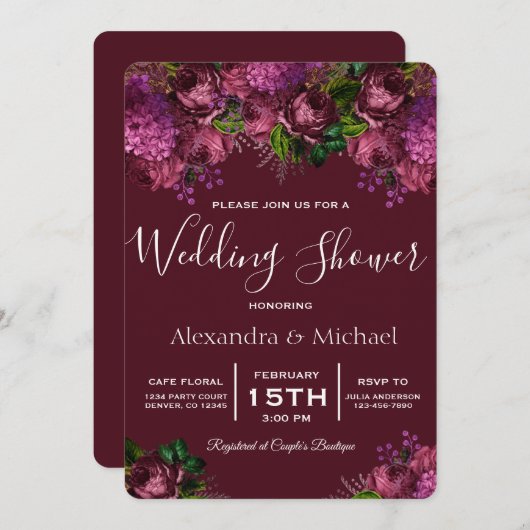 カップルのシャワーフローラマルサラブルゴーニュ招待状 招待状 (正面/裏面)