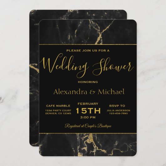 カップルのシャワーブラックエレガント&金ゴールド大理石 招待状 (正面/裏面)
