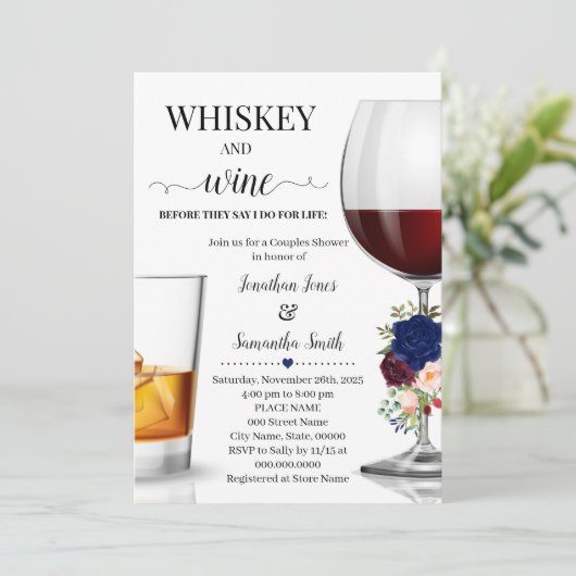 カップルのシャワー前に海軍のウイスキーとワイン 招待状 (スタンド正面)