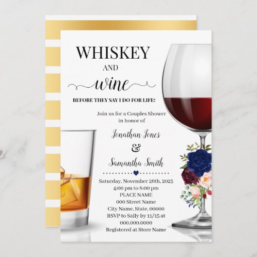 カップルのシャワー前に海軍のウイスキーとワイン 招待状 (正面/裏面)