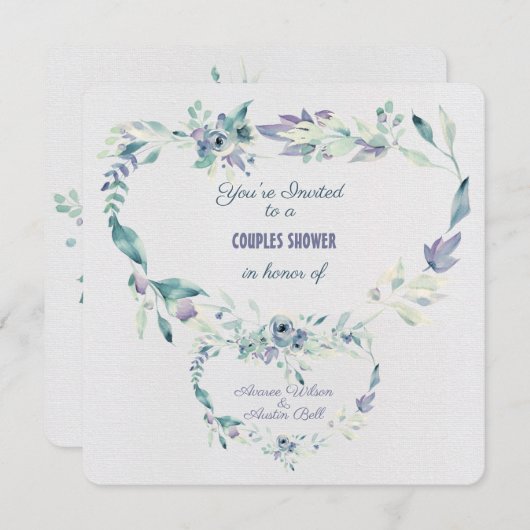 カップルのシャワー水色ブルーフラワーフレーム 招待状 (正面/裏面)