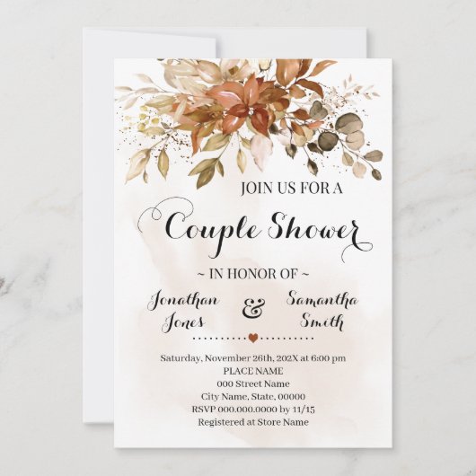 カップルのシャワー秋の葉結婚の秋 招待状 (正面)