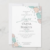 カップルのシャワー |ビーチシーシェルズコーラルとティール（緑がかった色） 招待状 (正面)