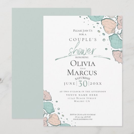 カップルのシャワー |ビーチシーシェルズコーラルとティール（緑がかった色） 招待状 (正面/裏面)