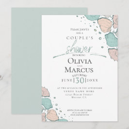カップルのシャワー |ビーチシーシェルズコーラルとティール（緑がかった色） 招待状