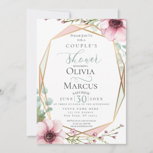 カップルのシャワー |ピンクのアネモネスと葉 招待状 (正面)