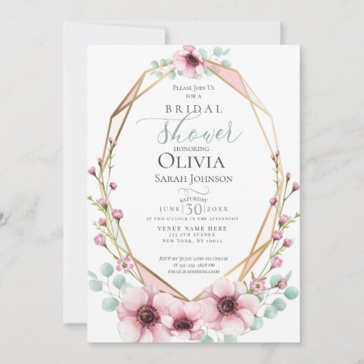 カップルのシャワー |ピンクのアネモネスと葉 招待状 (正面)