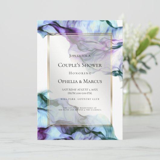 カップルのシャワー |抽象芸術水彩プラムパープル 招待状 (スタンド正面)
