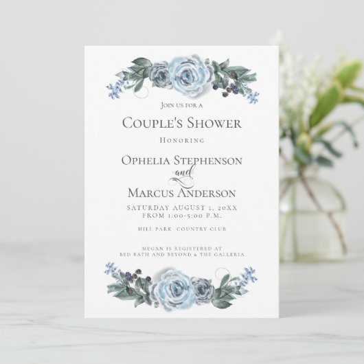 カップルのシャワー |水彩ほこりっぽい青フローラ 案内状 (スタンド正面)