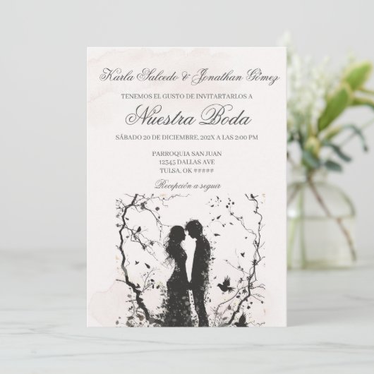 カップルのシルエット結婚式招待状 スペインの 招待状 (スタンド正面)