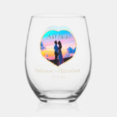 カップルのパーソナライズハート写真テンプレート名の日付 ステムなしワイングラス (正面)