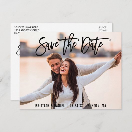 カップルのフォトブラシスクリプトBカードの日付を保存 ポストカード (正面/裏面)