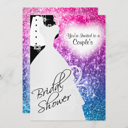 カップルのブライダルシャワーのエレガントグリッター色 招待状 (正面/裏面)