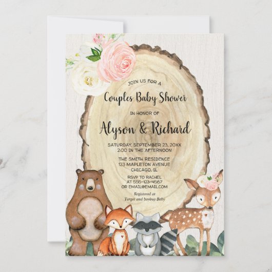 カップルのベビーシャワー娘のピンクの森林動物 招待状 (正面)