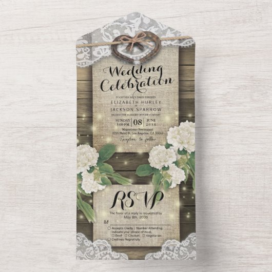 カップルのホースシューズレースウッドアジサイ結婚式RSVP オールインワン招待状 (内側)