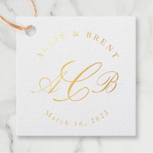 カップルのモノグラムと日付の結婚式の引き出物 フェイバータグ (正面)