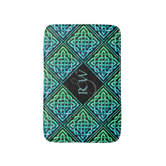 カップルのモノグラムケルト結び目模様ブルーグリーンバスマット バスマット (正面縦)