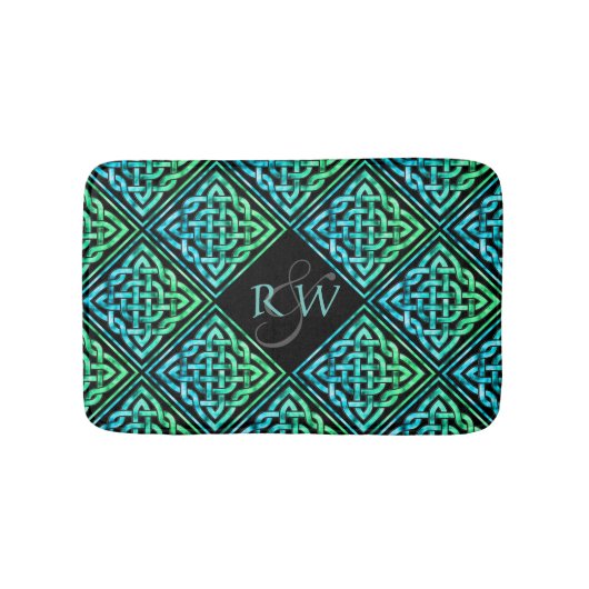 カップルのモノグラムケルト結び目模様ブルーグリーンバスマット バスマット (正面)