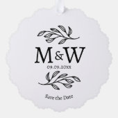 カップルのモノグラム結婚式の日付のボタニカル オーナメントカード (裏面)