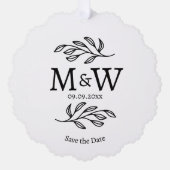 カップルのモノグラム結婚式の日付のボタニカル オーナメントカード (正面)