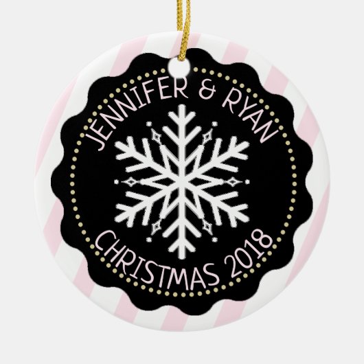 カップルの写真をパーソナライズ白黒スノーフレーク セラミックオーナメント (正面)