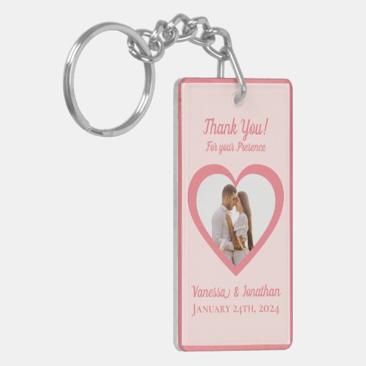 カップルの写真インハート結婚式の引き出物桃 キーホルダー (正面左)
