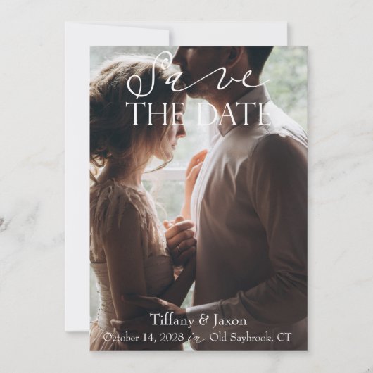 カップルの写真ホワイトスクリプト文字日付の保存 セーブザデート (正面)