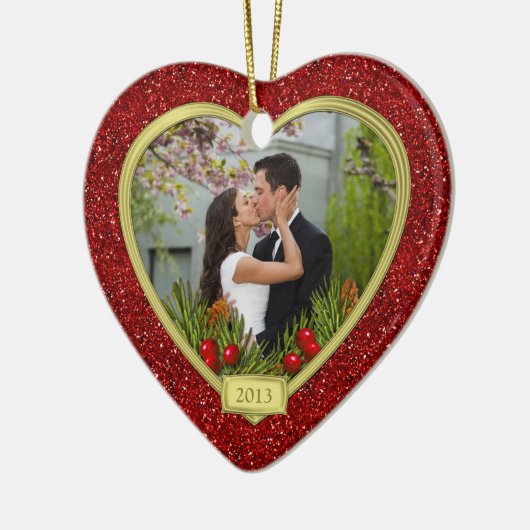 カップルの初めてのクリスマスが一緒に写真クリスマス セラミックオーナメント (左)