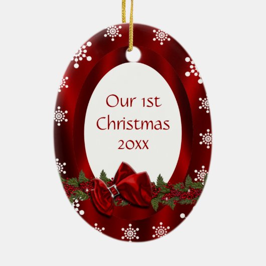 カップルの初めてのクリスマスの写真は個人化なります セラミックオーナメント (裏面)