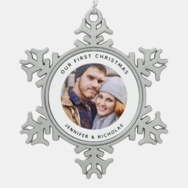 カップルの初めてのクリスマス写真 スノーフレークピューターオーナメント