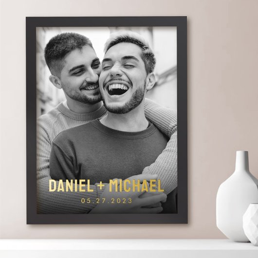 カップルの名前と日付の写真 箔ポスター