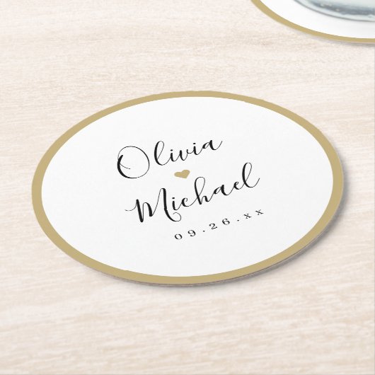 カップルの名前シンプルのエレガントスクリプト結婚の ラウンドペーパーコースター (アングル)