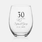 カップルの名前ハート30周年結婚記念品 ステムなしワイングラス (正面)