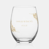 カップルの名前日付手書き金ゴールド結婚バラ ステムなしワイングラス (正面)